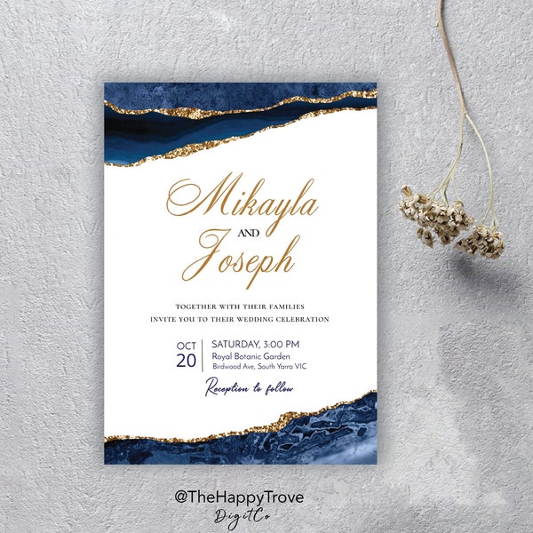 NOVA Navy Blue and Gold themed Printable Wedding Invitation, editable instant download, digital download, template