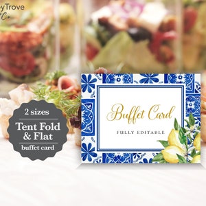 Cartes de buffet bleu carreaux citron, téléchargement numérique instantané modifiable, modèle 4 x 3 po. tente et cartes plates, mariage L2