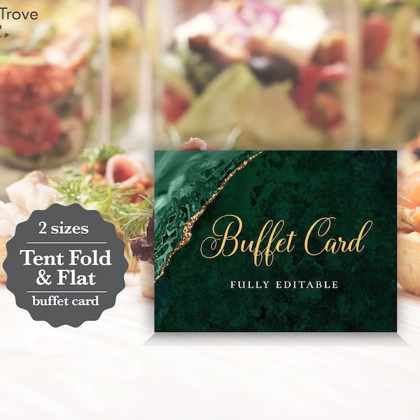 VERDA Emerald Green & Gold Buffet Cards, editable digital instant download, template 4" x 3" tent and flat cards, wedding