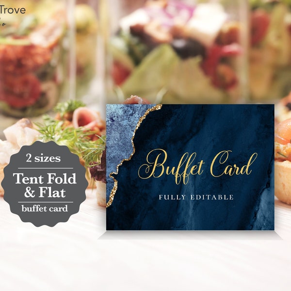 NOVA Navy Blue and Gold Buffet Cards, editable digital instant download, template 4" x 3" tent and flat cards, wedding