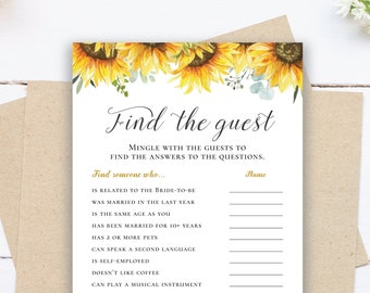 Sunflower Bridal Shower Game, Find the Guest, editable download, digital, template, electronic, printable SU1