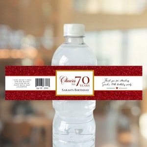 Etichetta per bottiglia d'acqua RUBY Red Glitter, download immediato digitale modificabile, modello