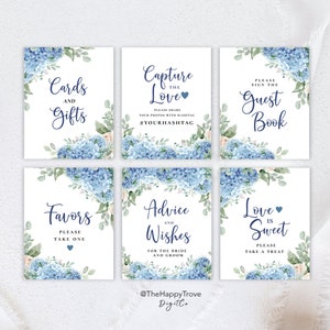 SINI Blue Hydrangea Table Sign Set, Garden Wedding, Table Sign Bundle, Cards & Gifts, Capture the Love, Guest Book, digital, template