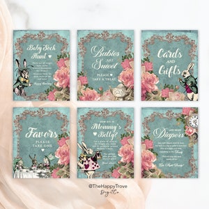 ALICE in Wonderland Whimsical temática Baby Shower Sign Bundle, Set, descarga instantánea, descarga digital, plantilla