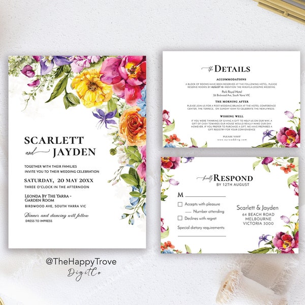 ELINA Maximalist Colorful Wedding Invitation Set, Vibrant, Bold, Bright, Summery, Garden Wedding, Wild flowers, téléchargement numérique, modèle