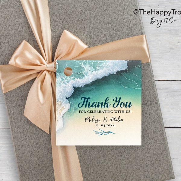 GENY Beach Thank You square tag, waves, sea foam, ocean, aqua, turquoise, teal, beach shore, coastal, cyan, digital download, template