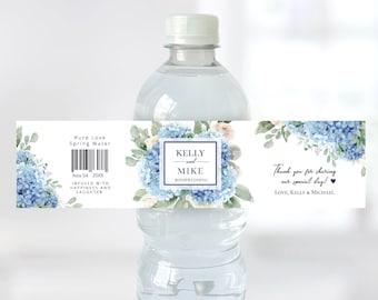 SINI Blue Hydrangea water bottle label, editable digital instant download, template