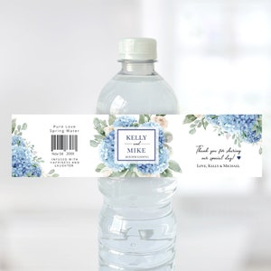 SINI Blue Hydrangea water bottle label, editable digital instant download, template