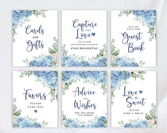 SINI Blue Hydrangea Table Sign Set, Garden Wedding, Table Sign Bundle, Cards & Gifts, Capture the Love, Guest Book, digital, template