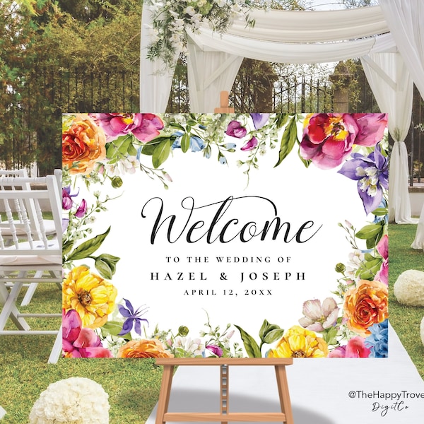 ELINA Maximalist Colorful Welcome Sign, Vibrant, Bold, Bright, Wild flowers, Garden Wedding, Summery, poster, digital download,  template