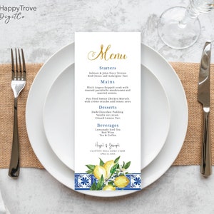 Blue Tiles Lemon Menu, editable digital instant download,  template 3.75"x9", 4"x8" portrait, wedding L2