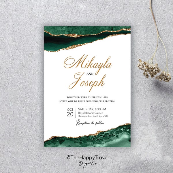 VERDA Emerald Green & Gold themed Printable Wedding Invitation, editable instant download, digital download, template