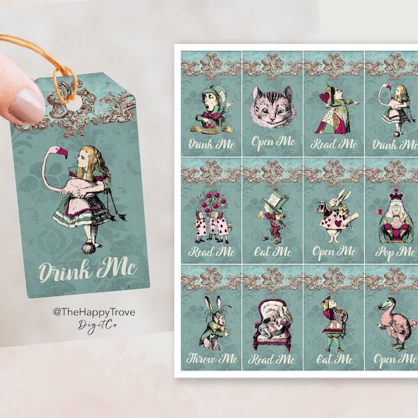 ALICE in Wonderland Drink Me, Eat Me, Open Me, Read Me, Pop Me, Throw Me Tags, Whimsical, Vintage, Mint Blush, digital download