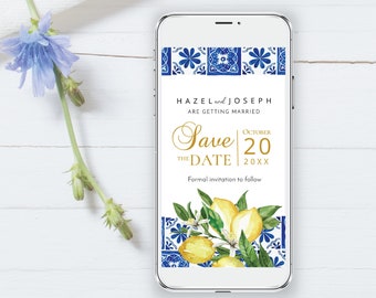 Blue Tiles Lemon Save the Date Evite, Smartphone Electronic Invitation,  Digital Template, instant download, digital download, template L2