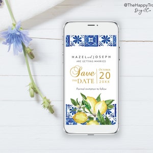 Blue Tiles Lemon Save the Date Evite, convite eletrônico para smartphone, modelo digital, download instantâneo, download digital, modelo L2