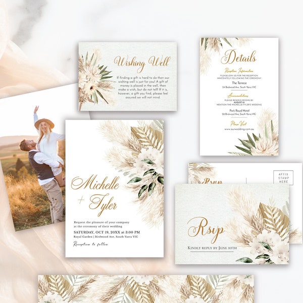 AURORA Boho themed Printable Wedding Invitation Set, editable instant download, digital download, template