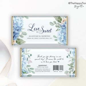 Envoltorio de chocolate para boda con hortensias azules (descarga digital) SINI