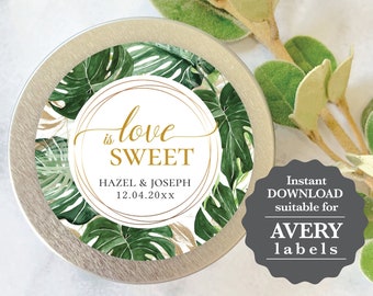 Tropical & Gold themed round Sticker, square tag, editable digital instant download, template, wedding favour TG1 TG2