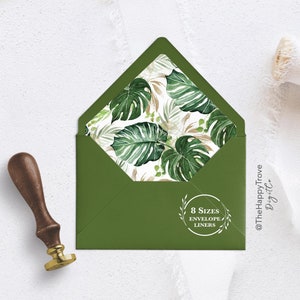 Tropischer & goldener Umschlag Tropischer Bestimmungsort Hochzeitsumschlag einfügen, Strandpalme und goldene Blätter Umschlag Liner Vorlage TG1 SUZANA