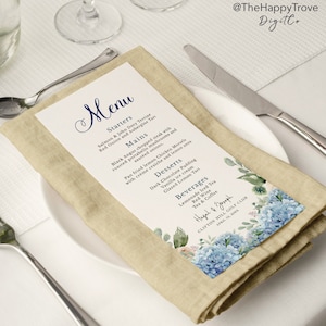 Menu SINI Blue Hydrangea, edytowalne cyfrowe natychmiastowe pobieranie, szablon 3,75"x9", portret 4"x8", ślub
