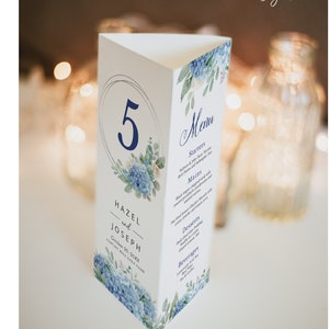 Espositore per menu a tre ante SINI Blue Hydrangea, segnaposto per numero di tavolo, programma di matrimonio, download digitale istantaneo modificabile, modello
