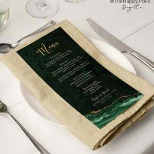 VERDA Emerald Green & Gold Menu, editable digital instant download,  template 3.75"x9", 4"x8" portrait, wedding