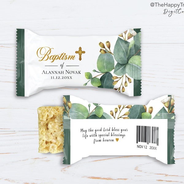 Rice Krispies Treat Label - Eucalyptus Gold Cross, Baptism, Christening, favour, editable digital instant download, template G3