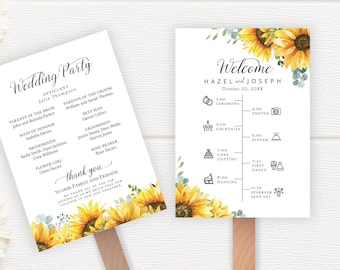 Sunflower Program Fan, Order of event, editable digital instant download,  template 5 x7", wedding, bridal shower SU1