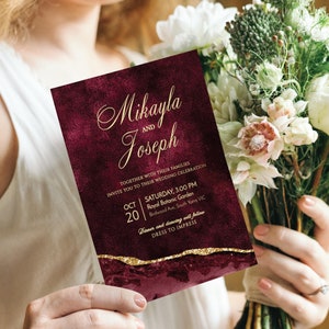 GRACE Burgund & Gold druckbare Hochzeitseinladung, Kastanienbraune Goldhochzeit einladen, Rotgold einladen, Weihnachten einladen Vorlage