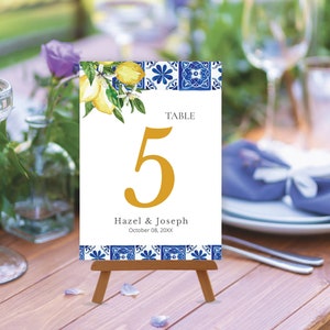 Blue Tiles Lemon Table Number Signs, Mediterranean, editable digital instant download,  template 5x7  4x6 portrait, wedding L2