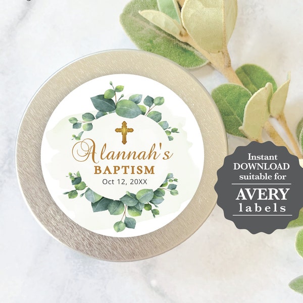 Eucalyptus Gold Cross Baptism round Sticker, square tag, editable digital instant download, template G3 G1