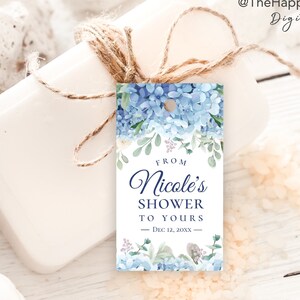 Etiquetas para lembrancinhas de chá de panela com hortênsia azul: modelo editável (download digital) SINI