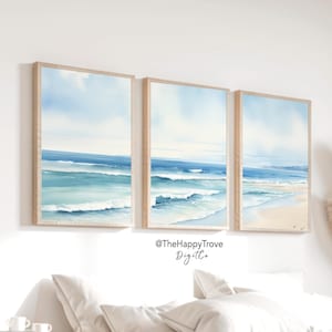 Minimalistische Wand Kunst Set von 3 Aquarell Meerlandschaft - Serene Pastell Blau & Weiß Triptychon Printable