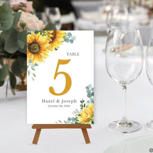Sunflower Table Number Signs, editable digital instant download,  template 5x7  4x6 portrait, wedding SU1