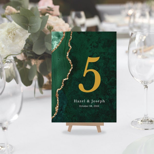 VERDA Emerald Green & Gold Table Number Signs, editable digital instant download,  template 5x7  4x6 portrait, wedding