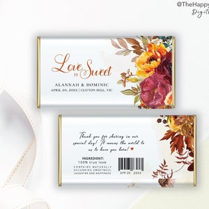 AMBER Fall in love Chocolate Bar Wrapper, Aldi 40g, Hershey 1.55oz, editable digital download, template, wedding favour, bridal shower