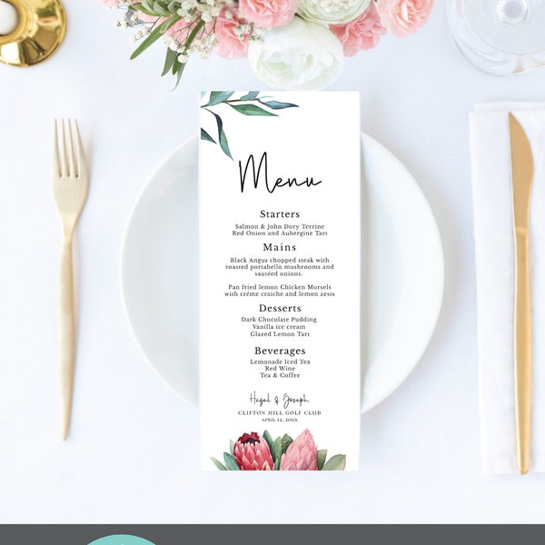 Protea Printable Menu, editable digital instant download,  template 3.75"x9", 4"x8" portrait, wedding, bridal shower P1