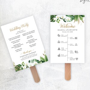 Tropisch Grün, Gold, Weiße Orchidee Hochzeitsprogramm Fächer (Digitaler Download) SUZANA