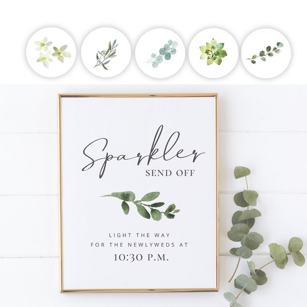 Greenery Sparkler Send Off Signs, editable digital instant download,  template 8x10 5x7 portrait, wedding, bridal shower G1