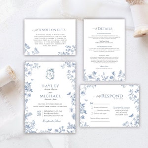 VICTORIA Regency Blue French Garden Wedding Invite Set Dusty Blue Chinoiserie Wedding Invite French Toile Bridgeton Wedding Invite Template