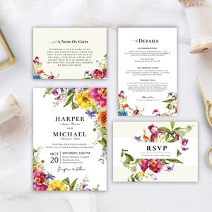 Ensemble de faire-part de mariage coloré maximaliste ELINA, fleurs sauvages, vives, audacieuses, lumineuses, mariage dans le jardin, arc-en-ciel, téléchargement numérique, modèle