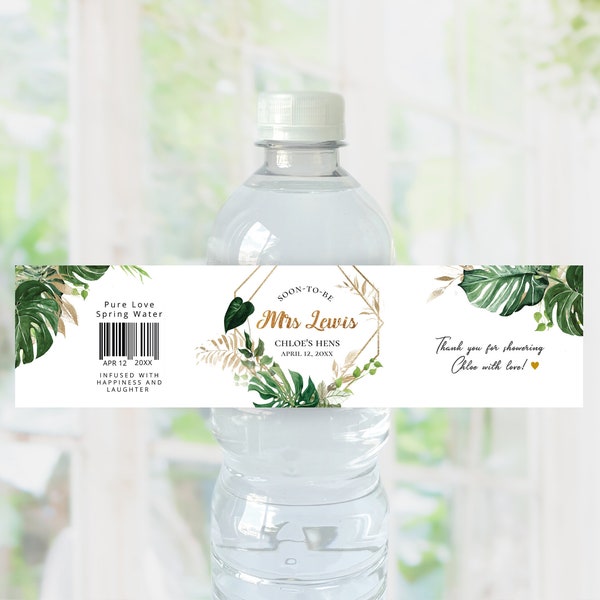 Étiquette de bouteille d’eau tropicale et d’or, téléchargement instantané numérique modifiable, modèle, mariage, douche nuptiale TG1