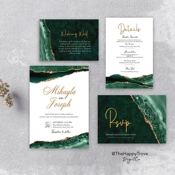 VERDA Emerald Green & Gold Printable Wedding Invitation Set, editable instant download, digital download, template