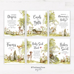 VEDIA Magical Forest Baby Shower Sign Bundle, animales del bosque, Set, descarga instantánea, descarga digital, plantilla