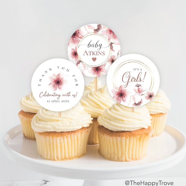 Cherry Blossom themed 2" baby shower cupcake topper, editable instant download, digital download, template CB2