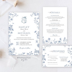 VICTORIA Regency Blue French Garden Wedding Invite Set Dusty Blue Chinoiserie Wedding Invite French Toile Bridgeton Wedding Invite Template