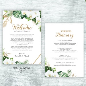 Tropical Green, Gold, White Orchid Wedding Itinerary Card (Digital Download)  SUZANA