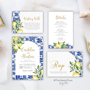 Conjunto de convite de casamento de azulejos azuis mediterrâneos e limão, italiano, Costa Amalfitana, Positano, azul marinho, amarelo, download digital, modelo L2