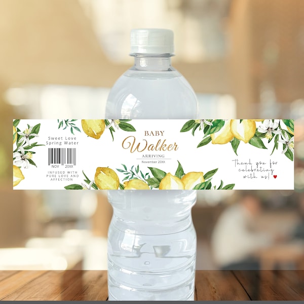 Lemon themed Water Bottle Label, editable digital instant download, template, wedding, bridal shower, L1