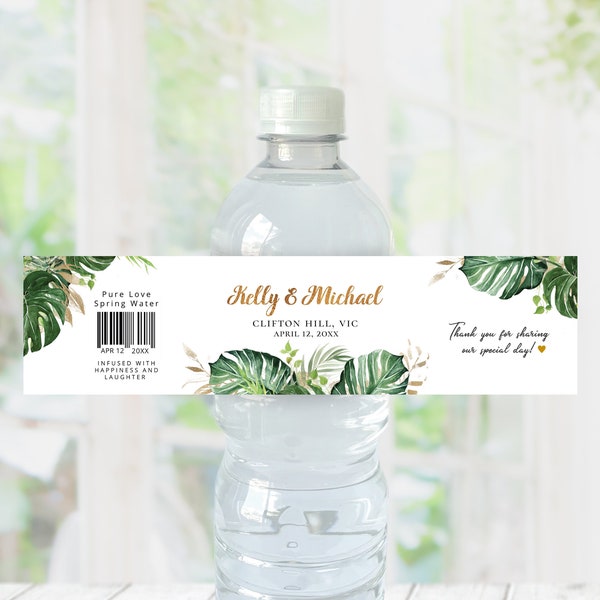 Tropical & Gold themed Water Bottle Label, editable digital instant download, template TG1